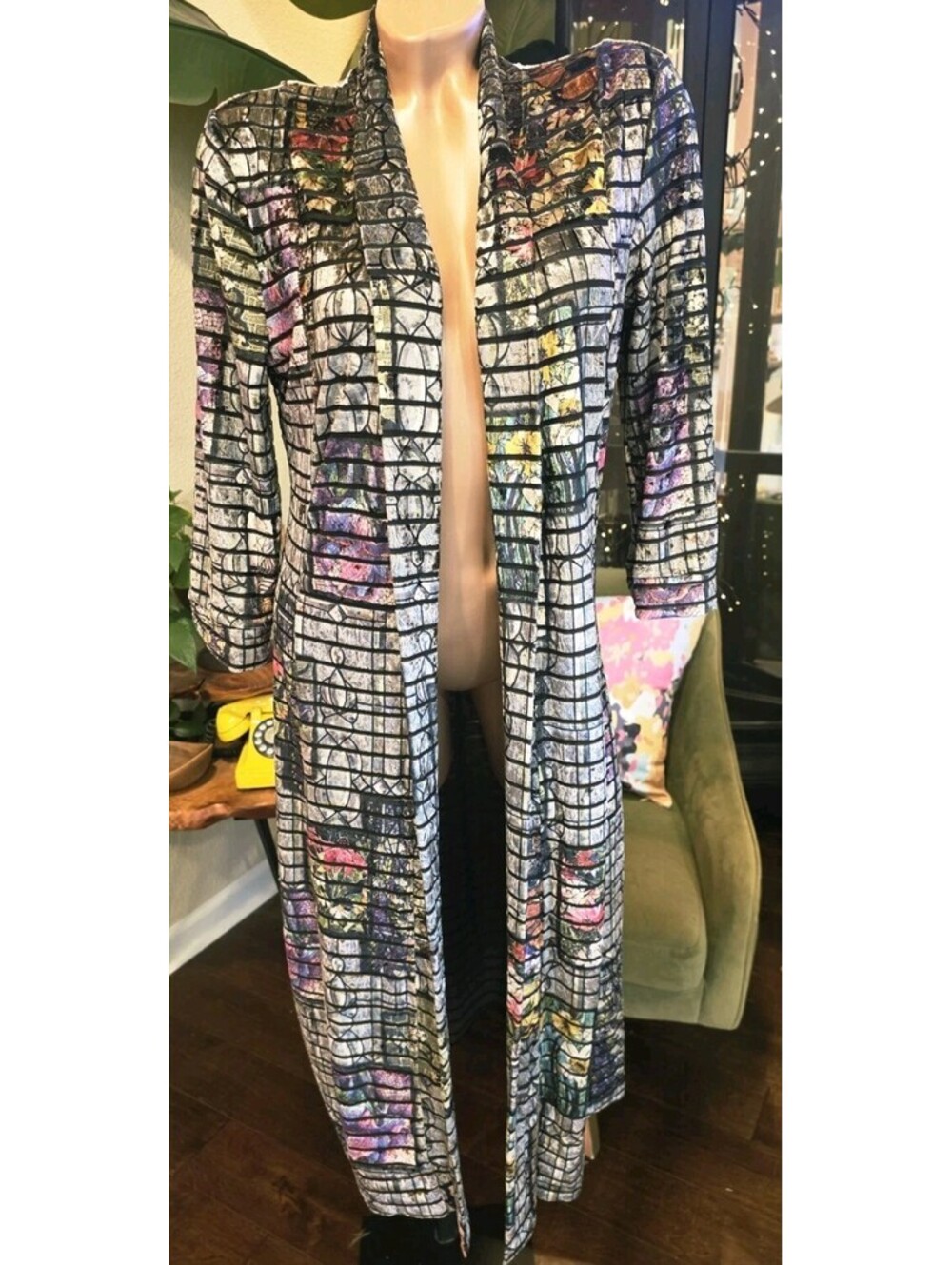Kamana Long Burn Out Velvet Duster Kimono Jacket Stained Glass Geometric M-L